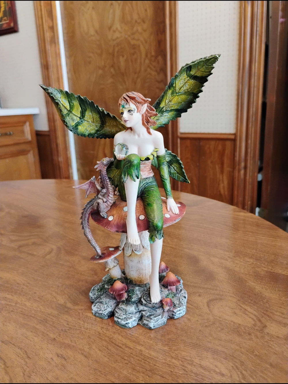 Enchanted Mystical Forest Fairy And Dragon On Mushroom Figurine Made Of Resin